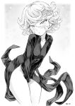  1girl 2023 black_dress blush breasts covering covering_crotch curly_hair dress highres looking_at_viewer mogudan monochrome one-punch_man pelvic_curtain short_hair simple_background small_breasts solo standing tatsumaki thighs 