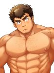  1boy abs bara blush brown_hair facial_hair goatee goatee_stubble large_pectorals long_sideburns looking_at_viewer male_focus muscular muscular_male nipples nude obliques oskn_tengoku parted_lips pectorals scar short_hair sideburns solo sparse_chest_hair strongman_waist takabushi_kengo thick_eyebrows tokyo_afterschool_summoners upper_body 
