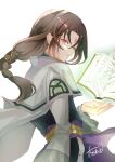  1boy artist_name atoatto black_hair book facial_mark fire_emblem fire_emblem:_radiant_dawn fire_emblem_heroes forehead_mark green_eyes green_hair holding holding_book long_hair looking_at_viewer low_ponytail official_alternate_costume scowl solo soren_(fire_emblem) soren_(radiant_confidant)_(fire_emblem) white_background 