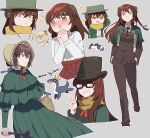  1girl absurdres breasts brown_hair brown_skirt brown_suit capelet chibi dog dress fate/grand_order fate_(series) formal glasses green_capelet green_dress green_headwear grin hair_ornament hat highres house_tag_denim long_braid long_hair long_sleeves looking_at_viewer mary_anning_(fate) medium_breasts multiple_views plesiosaur riyo_(lyomsnpmp)_(style) scarf shirt skirt smile sparkle sparkling_eyes suit v white_shirt yellow_eyes yellow_scarf 