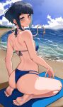 1girl absurdres ass bare_arms bare_legs bare_shoulders barefoot beach beach_mat bikini blue_bikini blue_eyes blue_hair blue_sky blunt_bangs blush boku_no_hero_academia breasts bright_pupils closed_mouth cloud day feet from_behind halterneck highres horizon jirou_kyouka long_earlobes looking_at_viewer looking_back multi-strapped_bikini_bottom ocean outdoors seiza shore short_hair sidelocks sitting sky small_breasts smile soles solo split_mouth swimsuit toes water white_pupils zd_(pixiv6210083) 