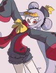  1girl bow bowtie caraku colored_skin demon demon_girl disgaea double_bun grey_skin hair_bun hat jiangshi jiangshi_costume makai_senki_disgaea_7 ofuda open_mouth pointy_ears purple_hair qing_guanmao sharp_teeth solo teeth twintails yellow_bow yellow_bowtie zombie_maiden_(disgaea) 