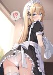  !? 1girl absurdres apron ass blonde_hair blue_eyes blush bow breasts dress frills highres long_hair looking_at_viewer maid maid_apron maid_headdress okiq open_mouth original panties puffy_sleeves short_sleeves solo sweat thigh_gap thighhighs thighs underwear white_panties 
