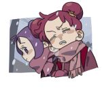  2girls closed_eyes closed_mouth coat cold commentary_request cropped_torso dayama double_bun hair_bun hair_ornament harukaze_doremi highres multiple_girls musical_note musical_note_hair_ornament ojamajo_doremi open_mouth outdoors pink_hair pink_scarf purple_eyes purple_hair scarf segawa_onpu short_hair snot snowing upper_body winter 