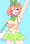  1girl :d ^_^ arm_up bag blue_background blush bow breasts closed_eyes collared_shirt commentary_request eyebrows_hidden_by_hair facing_viewer go-toubun_no_hanayome green_bow green_ribbon green_skirt hair_between_eyes hair_ribbon highres kujou_karasuma medium_breasts nakano_yotsuba pleated_skirt ribbon shirt short_sleeves shoulder_bag simple_background skirt smile solo sweater_vest white_shirt 