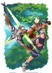  1other animal_ears armor blue_eyes boots border bow_(weapon) braid branch breastplate cat_ears clothing_cutout crotchless crotchless_pants energy_weapon frown green_hair highres juniper_(xenoblade) karian909 leg_up navel outstretched_arm pants pauldrons short_hair short_shorts shorts shoulder_armor side_braid single_pauldron solo stomach_cutout tree weapon white_border xenoblade_chronicles_(series) xenoblade_chronicles_3 