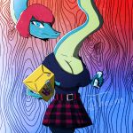  abstract_background absurd_res anthro beverage beverage_can big_breasts blue_body blue_eyes bottomwear brachiosaurid brachiosaurus breasts cleavage clothed clothing dinosaur female hair hi_res i_wani_hug_that_gator juice_box liz_(iwhtg) long_neck looking_at_viewer monster_energy monster_energy_can multicolored_body offering_to_viewer psychedelic_background red_hair reptile sauropod scalie skirt solo theumslayer two_tone_body 