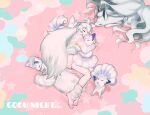  1girl alolan_ninetales alolan_vulpix alternate_costume animal_ears animal_hug arctic_fox_(kemono_friends) bow extra_ears fox_ears fox_girl fox_tail hair_between_eyes hair_bow highres kemono_friends long_hair long_sleeves multicolored_clothes no_shoes pajamas pink_shirt pink_shorts pink_socks pokemon shirt short_shorts shorts sidelocks sleeping socks tail tehutehu_game vulpix white_bow 