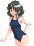  1girl amagami black_hair blue_one-piece_swimsuit breasts commentary_request cowboy_shot highres medium_breasts medium_hair messy_hair new_school_swimsuit one-piece_swimsuit parted_bangs school_swimsuit simple_background solo standing swimsuit tanamachi_kaoru usagii! white_background 