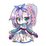  1girl :&lt; arms_behind_back bare_shoulders blue_eyes blue_hair blue_scarf blue_shorts bow_hairband chibi closed_mouth commentary eyelashes flower full_body hair_flower hair_ornament hairband japanese_clothes kimono kneehighs kousetsu_samonji_(tenka_hyakken) light_blue_hair midriff o-ring parted_bangs raised_eyebrow rope scarf shimenawa shorts side_ponytail sleeveless snowflake_pin snowflake_print socks solo tenka_hyakken tudurineko white_kimono 