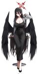  1girl black_dress black_footwear black_hair black_wings blue_archive breasts cleavage closed_mouth collarbone corrupted_twitter_file cosplay dongtan_lady_(k_pring) dongtan_lady_(k_pring)_(cosplay) dress feathered_wings full_body gnns grey_jacket halo hasumi_(blue_archive) highres jacket large_breasts long_hair long_sleeves looking_at_viewer open_clothes open_jacket red_eyes red_halo shoes simple_background solo very_long_hair white_background wings 