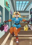  80&#039;s_theme accessory blonde_hair blue_eyes canid canine clothing female footwear fox hair headband hi_res mall mammal pinup pose shoes sneakers zwitterkitsune 