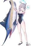  1girl absurdres animal animal_ear_fluff animal_ears artist_name black_one-piece_swimsuit blue_archive blue_eyes blue_halo breasts collarbone competition_swimsuit covered_navel cross cross_hair_ornament earrings extra_ears fish full_body gangbyeon grey_hair hair_ornament halo highres holding holding_animal holding_fish inverted_cross jewelry legs low_ponytail medium_breasts mismatched_pupils official_alternate_costume one-piece_swimsuit sandals shiroko_(blue_archive) shiroko_(swimsuit)_(blue_archive) sidelocks simple_background solo standing stud_earrings swimsuit toenails toes twitter_username two-tone_swimsuit white_background wolf_ears 