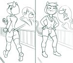  2023 2koma anthro arms_bent beauty_mark big_eyes biped blazer bodily_fluids bottomwear bulge butt button_(fastener) cartoon_network clothed clothed_anthro clothed_male clothing comic curved_eyebrows detailed_bulge digital_drawing_(artwork) digital_media_(artwork) domestic_cat duo eggplant exclamation_point eyebrow_through_hair eyebrows eyelashes fangs felid feline felis fingers food footwear fruit fully_clothed girly hair hands_on_hips hands_on_own_hips hi_res hotpants humanoid_hands looking_back male mammal monochrome motion_lines motion_outline mouth_closed musical_note no_irises offscreen_character ok_k.o.!_let&#039;s_be_heroes peach_(fruit) pictographics plant plantigrade prick_ears pupils purrcival raised_eyebrow raised_heel redout shoes short_hair shorts socks speech_bubble surprise sweat sweatdrop tail teeth three-quarter_view translucent translucent_hair walking wide_eyed wide_hips 