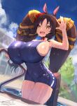 +_+ 1girl animal_ears bangs bare_shoulders blue_one-piece_swimsuit blue_sky blush breasts brown_eyes brown_hair covered_navel highres horse_ears horse_girl horse_tail huge_breasts long_hair looking_at_viewer magister marvelous_sunday_(umamusume) one-piece_swimsuit open_mouth pool poolside school_swimsuit sideboob sky smile solo swimsuit tail thighs twintails umamusume wet 