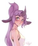  1girl animal_ears artist_name bare_arms bare_shoulders breasts commentary english_commentary from_side green_eyes high_ponytail highres horns long_hair looking_at_viewer looking_to_the_side medium_breasts original parted_lips personal_ami purple_hair simple_background single_horn sleeveless solo thick_eyebrows upper_body white_background 