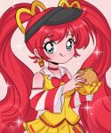  1990s_(style) 1girl absurdres black_headwear blue_eyes blush bow bowtie burger chelly_(chellyko) choker detached_sleeves earrings food hair_ornament hat hatsune_miku highres holding holding_food jewelry licking_lips long_hair long_sleeves looking_at_viewer mcdonald&#039;s red_bow red_bowtie red_choker red_hair retro_artstyle shirt short_sleeves skirt smile solo sparkle standing tongue tongue_out twintails very_long_hair visor_cap vocaloid yellow_shirt yellow_skirt 