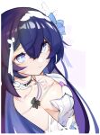 1girl absurdres blue_eyes blue_hair breasts bright_pupils chest_tattoo closed_mouth dress error1980 flower hair_between_eyes hair_flower hair_ornament highres honkai_(series) honkai_impact_3rd long_hair looking_at_viewer medium_breasts seele_vollerei seele_vollerei_(herrscher_of_rebirth) simple_background solo tattoo upper_body white_dress white_pupils 