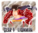  1boy abs angry artist_name black_cape black_hair cape clenched_teeth commentary english_commentary full_body gear_fourth gear_fourth:_boundman highres long_hair male_focus merrivius monkey_d._luffy muscular muscular_male one_piece orange_shorts shorts signature solo teeth 