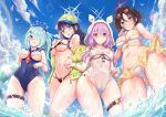  4girls aqua_hair arius_squad_(blue_archive) ass_visible_through_thighs atsuko_(blue_archive) bare_shoulders baseball_cap beret bikini black_bikini black_hair blue_archive blue_eyes blue_headwear blue_one-piece_swimsuit blue_sailor_collar blue_sky blush bow braid breasts brown_eyes brown_hair choker cleavage closed_mouth clothing_cutout cloud commentary crop_top crossed_bangs day eyewear_on_head frilled_bikini frills from_below groin hair_between_eyes hair_bow hair_ornament hair_over_one_eye hairclip halo hat hiyori_(blue_archive) holding holding_innertube hood hood_up innertube jacket lens_flare long_hair long_sleeves looking_at_viewer low_twin_braids medium_breasts misaki_(blue_archive) multiple_girls navel nervous_smile nose_blush ocean off_shoulder one-piece_swimsuit open_mouth polka_dot polka_dot_bikini purple_hair rainbow red_eyes sailor_collar saori_(blue_archive) see-through see-through_jacket shirt short_hair side_ponytail sidelocks skindentation sky smile standing stomach strap_pull sunglasses swimsuit symbol-only_commentary thigh_strap twin_braids underboob underboob_cutout wading wet wet_clothes wet_swimsuit white_bikini white_one-piece_swimsuit white_shirt yellow_bow yellow_choker yellow_headwear yellow_jacket yougen_kitsune 