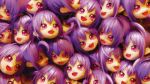  6+girls :d ahoge clone commentary english_commentary fang head_only highres looking_at_viewer multiple_girls open_mouth original purple_eyes purple_hair short_hair skin_fang smile too_many ufoshock 
