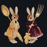  ambiguous_gender animal animal_focus barefoot black_background black_eyes cardigan clothed_animal collared_shirt cutlery dress fork frilled_dress frills full_body gold_cutlery gold_fork gold_spoon highres holding holding_fork holding_spoon leaf_cutlery leaf_spoon no_humans original peter_pan_collar puffy_pants rabbit red_dress shirt spoon tono_(rt0no) yellow_cardigan 