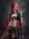  1girl 2023 absurdres artist_name belt breasts brown_belt cleavage closed_mouth dual_wielding expressionless green_eyes highres holding holding_weapon jerry_loh katarina_(league_of_legends) large_breasts league_of_legends long_hair looking_at_viewer navel red_hair red_lips scar shoulder_plates skull_print solo stomach stomach_tattoo tattoo weapon 