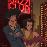  artist_name breasts cigarette city cowboy_bebop faye_valentine hairband highres lipstick makeup messy_hair nail_polish necktie neon_lights ozevito shirt short_hair smoke smoking spike_spiegel wall yellow_hairband yellow_shirt 