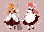  2girls ahoge apron back_bow black_dress black_footwear blunt_ends blush bow braid broom brown_hair commentary dress duster facing_away highres holding holding_broom holding_duster long_hair long_sleeves looking_at_another maid maid_headdress mary_janes michiru_(mnmn_cheese) multiple_girls open_mouth orange_hair outline persona persona_5 persona_5_the_royal profile puffy_sleeves red_hair sakura_futaba shoes sidelocks simple_background smile socks sparkle twin_braids white_apron white_bow white_socks yoshizawa_kasumi 