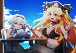  2girls anne_bonny_(fate) anne_bonny_(swimsuit_archer)_(fate) anne_bonny_(swimsuit_archer)_(first_ascension)_(fate) bikini blonde_hair breasts fate/grand_order fate_(series) food ice_cream large_breasts looking_at_viewer mary_read_(fate) mary_read_(swimsuit_archer)_(fate) multiple_girls ocean pirate scar scar_on_face short_hair skull_collar small_breasts swimsuit tukno volleyball white_bikini white_hair 