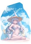  1girl absurdres artist_name barefoot bikini bikini_pull bow bow_bikini breasts bronya_zaychik bronya_zaychik_(silverwing:_n-ex) caisena clothes_pull commentary_request crossed_bangs day drill_hair grey_eyes grey_hair hair_ornament hat highres honkai_(series) honkai_impact_3rd linea_alba looking_at_viewer medium_breasts navel outdoors sitting smile solo sun_hat swimsuit thigh_strap twin_drills wariza white_bikini 