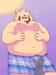  2023 3:4 anthro belly big_belly blush bulge canid canine canis clothing domestic_dog duo grope hi_res humanoid_hands kan_kan_kanzaki kemono male mammal moobs navel nipples overweight overweight_male solo_focus surprise underwear 