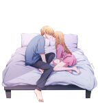  1boy 1girl absurdres arm_between_legs asgykk bare_legs barefoot black_pants blonde_hair blue_shirt brother_and_sister closed_eyes commentary_request hetero highres hoshino_aquamarine hoshino_ruby imminent_kiss incest indoors on_bed oshi_no_ko pants pink_shirt profile shirt siblings sitting soles toes translated twincest twins 