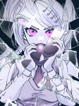  1girl akamatsu_kaede ball blonde_hair breasts broken_glass covered_mouth danganronpa_(series) danganronpa_v3:_killing_harmony glass grey_shirt hair_ornament highres holding holding_ball large_breasts long_hair long_sleeves looking_at_viewer musical_note musical_note_hair_ornament necktie pink_eyes pink_necktie pink_sweater_vest satori_(aosky9077) shirt solo sweater_vest upper_body 