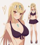  1girl absurdres alternate_costume bare_shoulders bikini black_bikini blonde_hair blush breasts chest_jewel commentary_request full_body hand_on_own_hip headpiece highres large_breasts long_hair looking_at_viewer mythra_(xenoblade) navel sandals solo standing swept_bangs swimsuit thigh_strap tiara very_long_hair white_background xenoblade_chronicles_(series) xenoblade_chronicles_2 yellow_eyes yoshikirino 