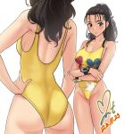  1girl ass casual_one-piece_swimsuit chouriki_sentai_ohranger commission dated floral_print forehead highres long_hair looking_at_viewer multiple_views nijou_juri one-piece_swimsuit pixiv_commission ponytail signature standing super_sentai swimsuit watch wavy_hair wristwatch yellow_one-piece_swimsuit yoo_tenchi 