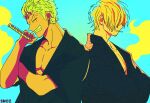  2boys blonde_hair cigarette green_hair grin highres japanese_clothes kimono multiple_boys neon_palette roronoa_zoro sanji_(one_piece) scar scar_on_face smile smoking snozberriezz toned toned_male yaoi yukata 