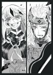  1boy 1girl blood blood_from_mouth blood_on_face crazy_eyes fake_horns fate/grand_order fate_(series) greyscale highres horned_headwear horns injury laughing long_hair masteryakiniku monochrome multicolored_hair nagao_kagetora_(fate) streaked_hair takeda_shingen_(fate) war_fan 