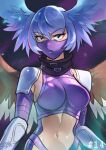  1girl absurdres armor blue_eyes blue_hair breasts cwdw digimon digimon_(creature) head_wings highres large_breasts looking_at_viewer mask medium_hair navel numbered pauldrons short_hair shoulder_armor shutumon solo upper_body vambraces watermark wings 