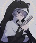  1girl animal_hat animal_hood artist_name cat_hat digimon digimon_(creature) grey_hair gun hat highres holding holding_gun holding_weapon hood looking_at_viewer nagoshi nun purple_eyes short_hair simple_background sistermon_noir solo upper_body watermark weapon 