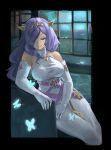  1girl absurdres bare_shoulders breasts camilla_(fire_emblem) closed_eyes commentary_request dress elbow_gloves eyeshadow fire_emblem fire_emblem_fates gloves hair_over_one_eye highres horns kaphrin large_breasts long_hair makeup purple_hair sitting sleeveless sleeveless_dress smile solo white_gloves 