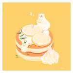  bear border chai_(drawingchisanne) commentary_request food food_focus fruit full_body holding holding_food holding_fruit lemon lemon_slice no_humans on_food orange_background original pancake polar_bear shirokuma-san_(drawingchisanne) signature undersized_animal white_border 