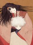  2boys alluka_zoldyck androgynous black_hair brothers expressionless hagushka hair_ornament hairband highres hunter_x_hunter japanese_clothes killua_zoldyck long_hair long_sleeves multi-tied_hair multiple_boys open_mouth siblings simple_background spiked_hair white_hair wide_sleeves 