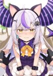  1girl ahoge animal_ears bare_shoulders black_horns braid braided_bangs fang fang_out frilled_shirt_collar frilled_skirt frills grey_hair highres hololive horns kyabetsu_ningen la+_darknesss long_hair multicolored_hair pointy_ears pov purple_hair skirt streaked_hair striped_horns yellow_eyes 