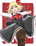  1girl :d ascot black_dress blonde_hair commentary dress fang frilled_dress frills hair_ribbon long_sleeves looking_at_viewer open_mouth outstretched_arms red_ascot red_background red_eyes red_ribbon ribbon rumia short_hair smile solo takuan_(yasaibarusu) touhou 