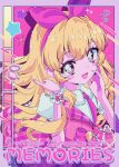  1girl :d aikatsu! aikatsu!_(series) blonde_hair blush bottle bow collared_shirt commentary_request cover cover_page frilled_skirt frills hair_bow hand_on_own_face heart highres hoshimiya_ichigo lipstick long_hair looking_at_viewer makeup milon_cas necktie open_mouth perfume_bottle pink_necktie pink_skirt pink_vest puffy_short_sleeves puffy_sleeves shirt short_sleeves skirt smile solo sparkle star_(symbol) vest white_shirt 