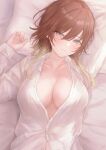  1girl aketa_mikoto alternate_costume bed_sheet blush breasts brown_hair cleavage collarbone gameso gradient_hair highres idolmaster idolmaster_shiny_colors large_breasts light_brown_hair looking_at_viewer lying multicolored_eyes multicolored_hair navel on_back partially_unbuttoned pillow shirt smile solo upper_body white_shirt 