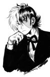  1boy artist_name black_jack_(character) black_jack_(series) bow bowtie closed_mouth collared_shirt frown greyscale hair_over_one_eye hand_on_own_cheek hand_on_own_face highres long_sideburns long_sleeves looking_to_the_side male_focus mame_moyashi monochrome multicolored_hair patchwork_skin scar scar_on_face shirt short_hair sideburns sideways_glance simple_background solo split-color_hair twitter_username two-tone_hair upper_body wing_collar 