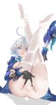  1girl absurdres after_sex ahoge anus ass asymmetrical_gloves bar_censor black_gloves blue_eyes blue_hair blue_jacket breasts breasts_out censored commentary_request crying crying_with_eyes_open cum cum_in_pussy cumdrip cv-3_(dejiajia) drop-shaped_pupils feet full_body furina_(genshin_impact) genshin_impact gloves hat highres holding holding_clothes holding_hat jacket legs_up light_blue_hair medium_breasts mismatched_gloves mismatched_pupils multicolored_hair nipples pussy short_hair sitting soles solo spread_pussy sweat tears thighhighs torn_clothes torn_thighhighs white_background white_gloves white_hair white_thighhighs 