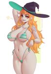  1girl :d absurdres arm_up bikini bracelet breasts collarbone cowboy_shot earrings green_bikini groin hat highres jewelry large_breasts log_pose long_hair looking_at_viewer melowh micro_bikini nami_(one_piece) navel one_piece open_mouth orange_eyes orange_hair pearl_earrings shoulder_tattoo skindentation smile solo stomach strap_gap swimsuit tattoo teeth wavy_hair witch_hat 